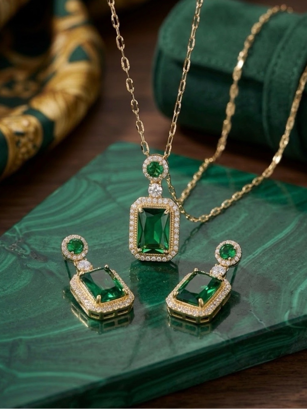 Emerald Green Gold-Plate Pendant and Earrings Set stainless steel